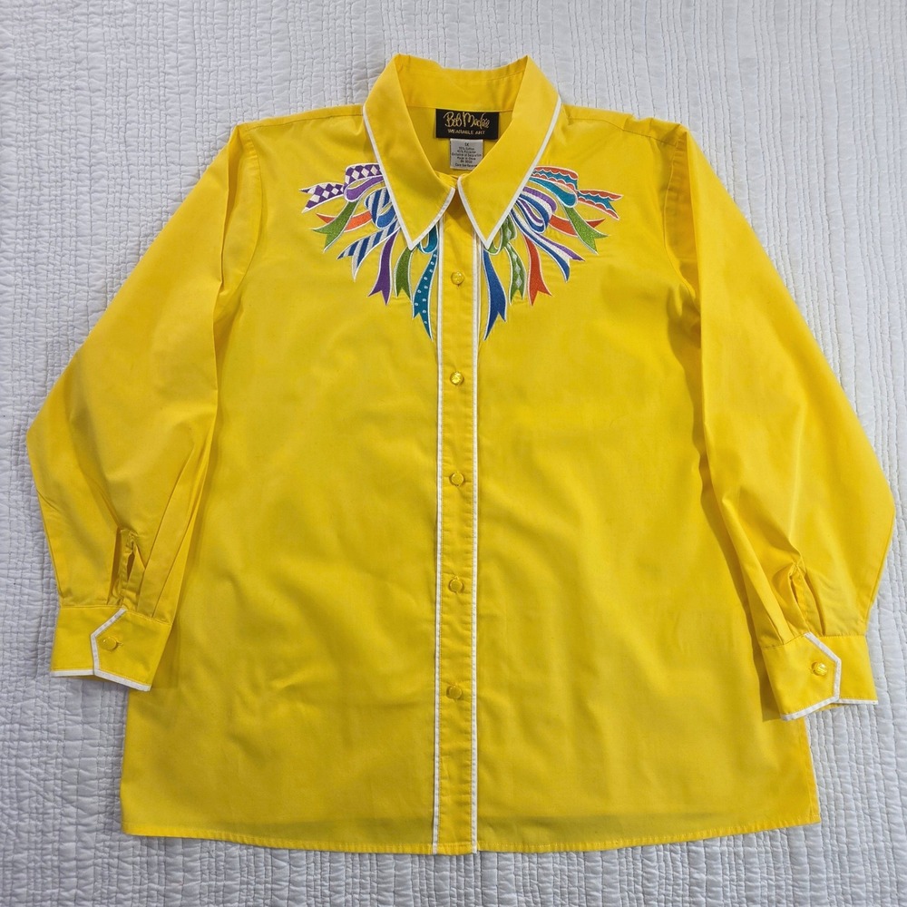 Bob Mackie Wearable Art Yellow Ribbon Embroidered Button Down Shirt A52658 1X